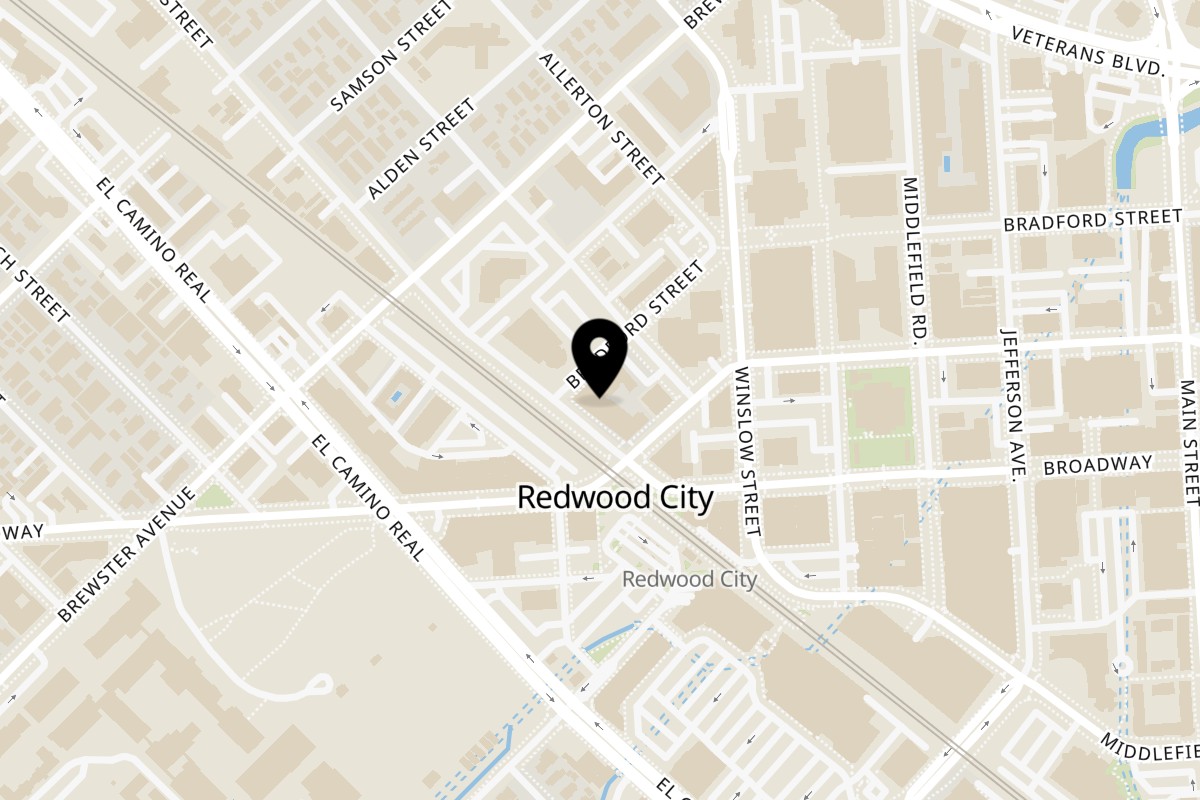 Map showing the location of Eats Meets West Bowls on 201 Marshall St in Redwood City